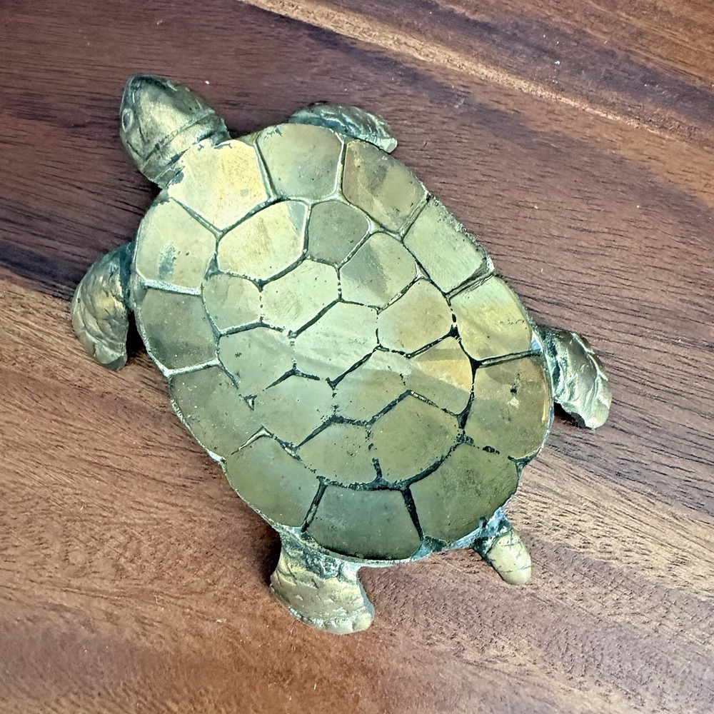 Vintage Brass Turtle Ashtray Trinket Tray Ring Dish 5" Taiwan
